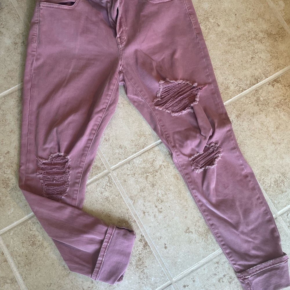 Light pink, distressed, regular. Length, stretch, skinny jeans